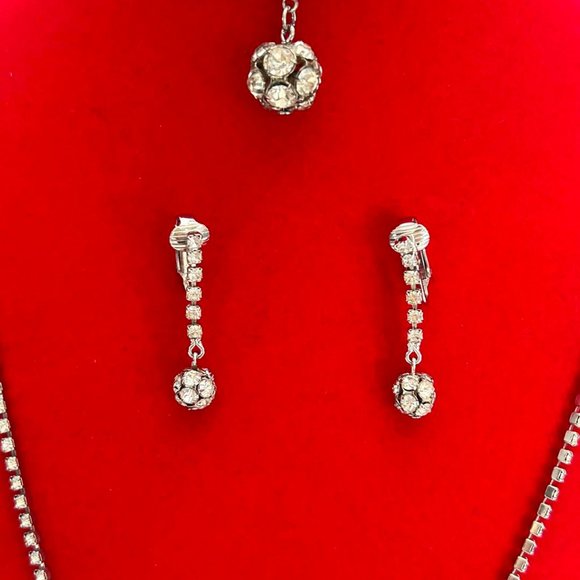 2pc. Silver tone/Long and Short Layered Rhinestone Necklace and Clip Earring set - Picture 9 of 10
